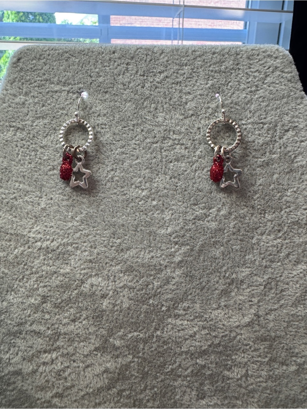 Silver Hoop Drop Earrings with Red Glitter Charms — Star Accent